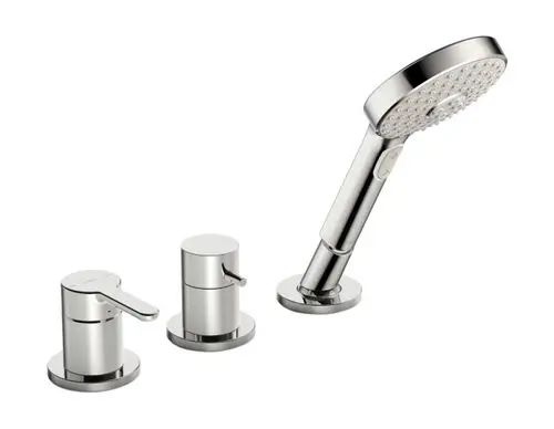 HANSADESIGNO Armaturenset für Wanne und Brause in Chrom, bestehend aus einem Handbrausekopf und zwei Betätigungsgriffen zur Wassersteuerung.